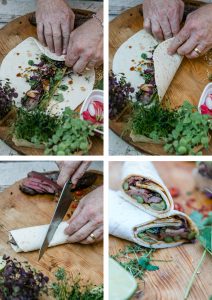 Wrap mit Hirschfilet, gruenem Spargel, Fruehlingszwiebeln, Radieschen und Sesam