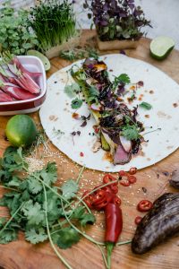 Wrap mit Hirschfilet, gruenem Spargel, Fruehlingszwiebeln, Radieschen und Sesam